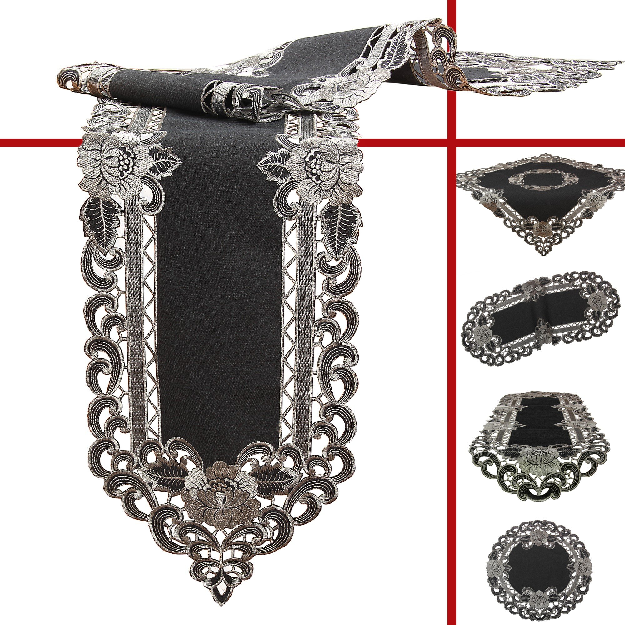 Weihnachten Tischläufer Oval 45x110 Cm - Dunkelrot Mit Kerzen Stickerei