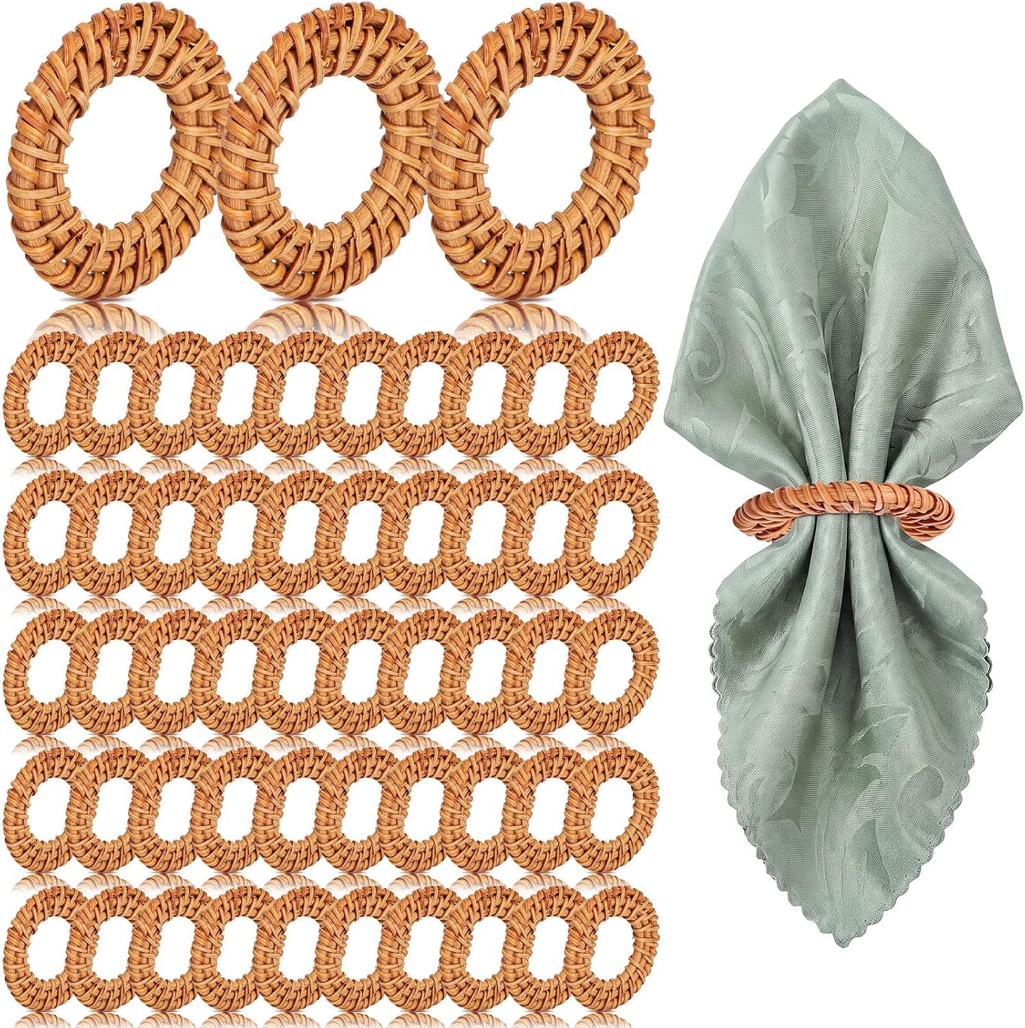 50 Pcs Boho Woven Rattan Napkin Rings Bulk Rustic Style Round Dining Table Napkin Holders for Elegant Banquet Home Wedding Harvest Holiday Party Gift Mini Hanging Rings (Natural,Woven)