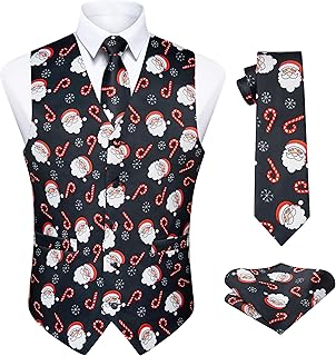 Enlision Mens Christmas Suit Vest Xmas Holiday Tree Snowflake Vest Tie Pocket Square Set Jacquard Waistcoat Party