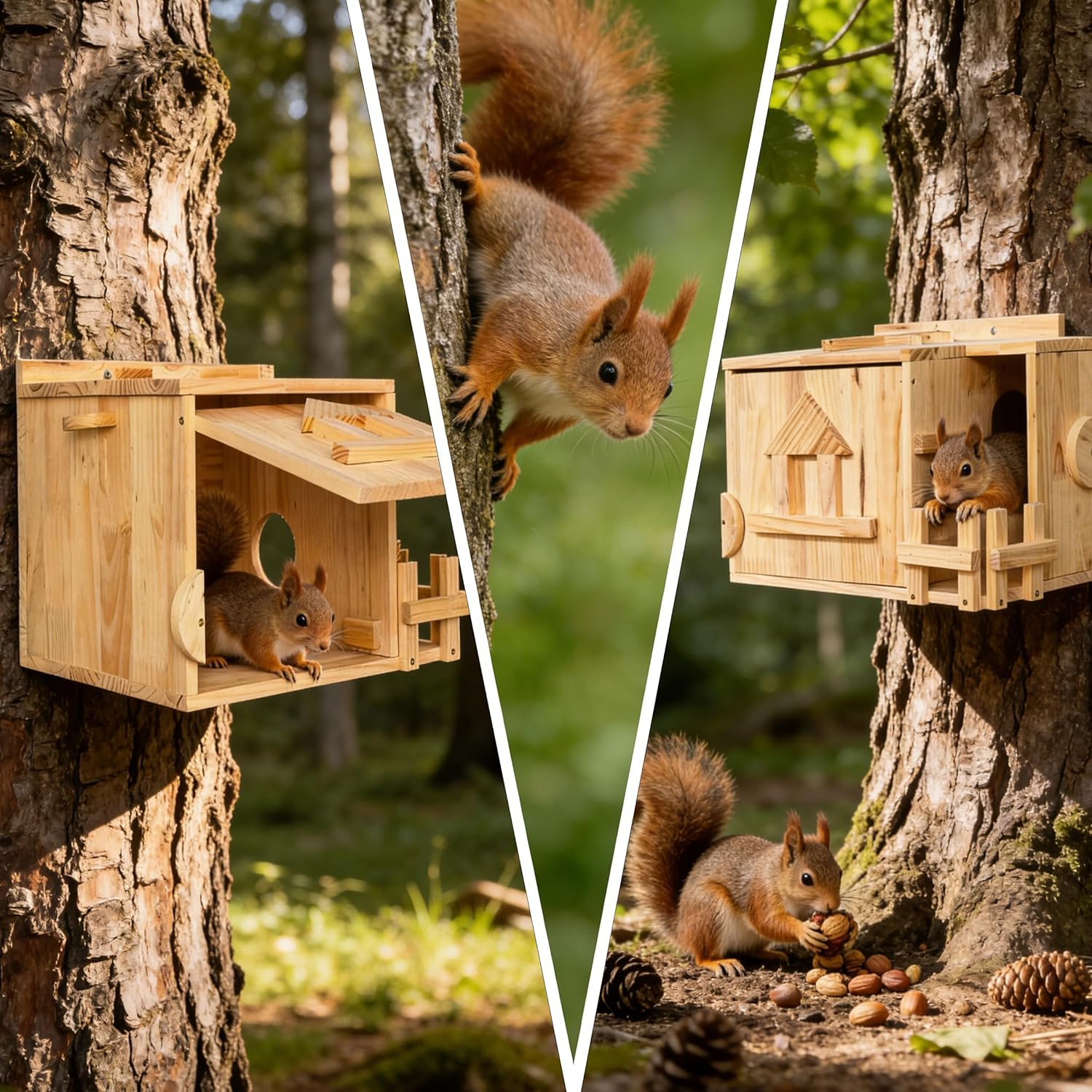 Handcrafted Solid Wood Squirrel House with Porch — All-Season Shelter & Nesting Box for Squirrels & Chipmunks | Complete Easy-Mount Kit for Tree, Fence, or Pole | Natural Wildlife Backyard Habitat