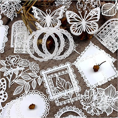 Diuhofart Kit de encaje de papel decorativo vintage para álbumes de recortes, 60 piezas de recortes de papel blanco para diario de basura, álbumes