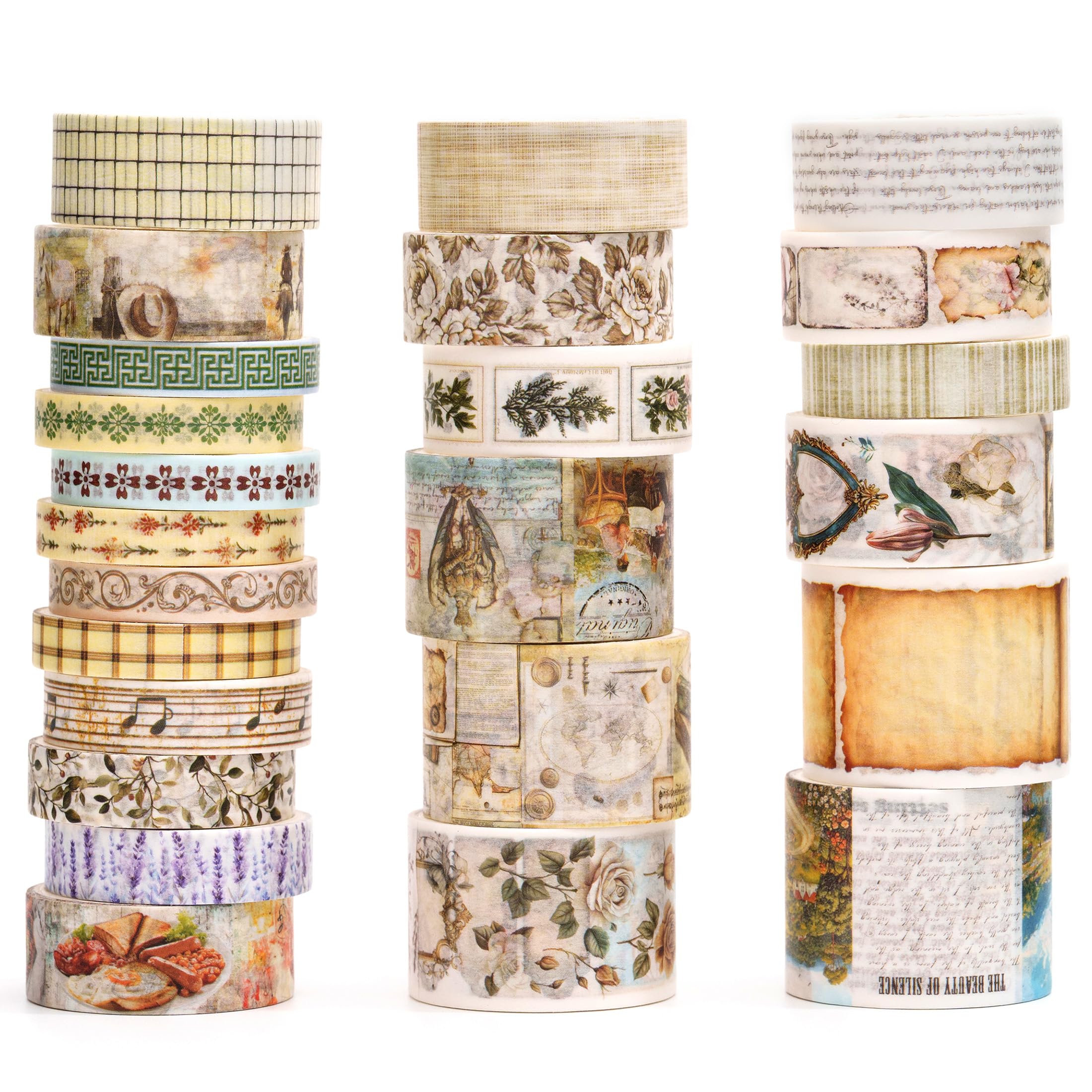 Songdao Vintage Washi Tape Set - 24 Rolls Arts Adhesive Tapes Assorted Retro Decorative Masking Tape Sets for Craft, Kids, Scrapbook, DIY, Gift Wrapping (6-Timeless Notes)