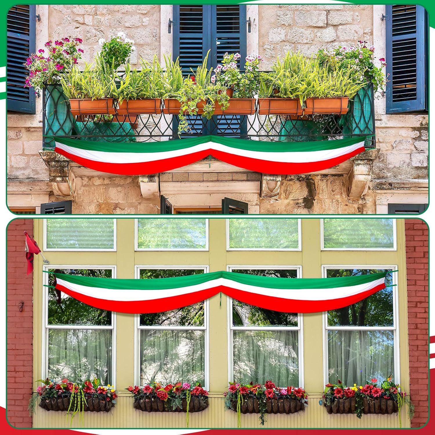VitalCozy 4 Pcs Red White & Green Fabric Bunting Flag Party Decorations Banner Carnival Decoration for Home Indoor Outdoor Festival Porch Rail Decoration Party Supplies