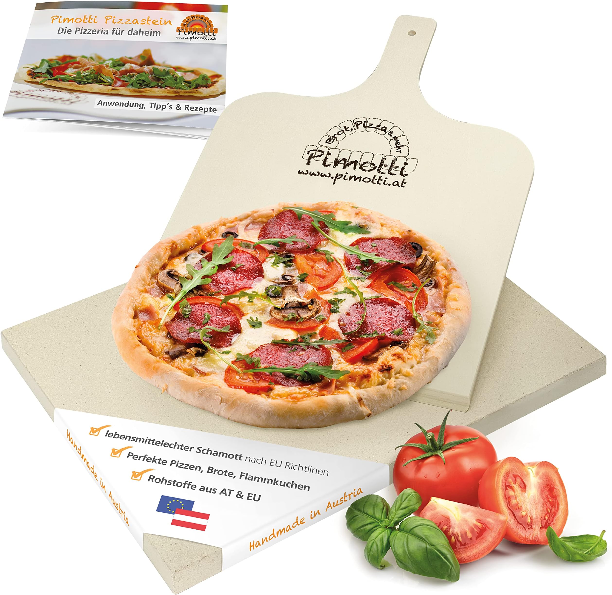 Pimotti 202_001 Chamotte Pizza Stone 2.5 cm with Pizza Paddle and Recipes