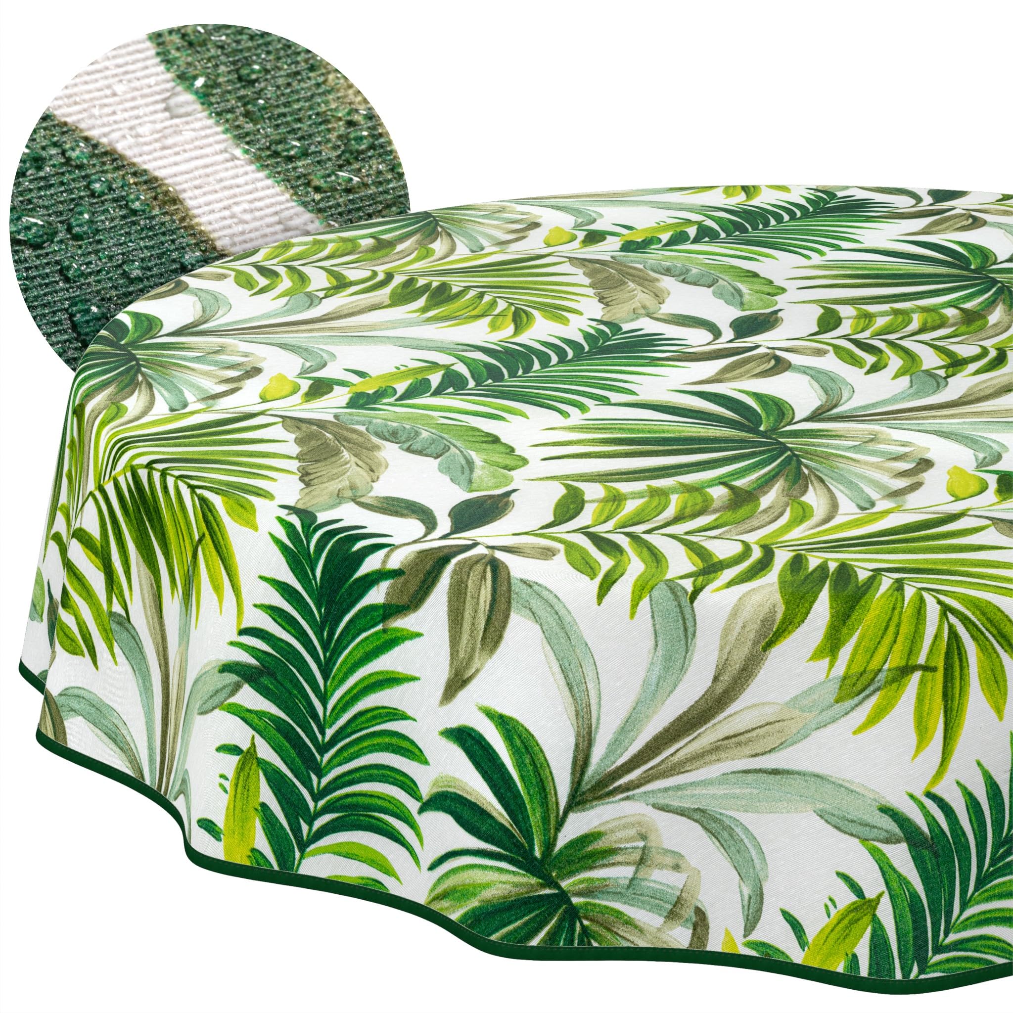 ANRO Tischdecke abwaschbar Palmen Rund 140 cm – wasserabweisend Indoor Outdoor, Lotuseffekt, mit Saum