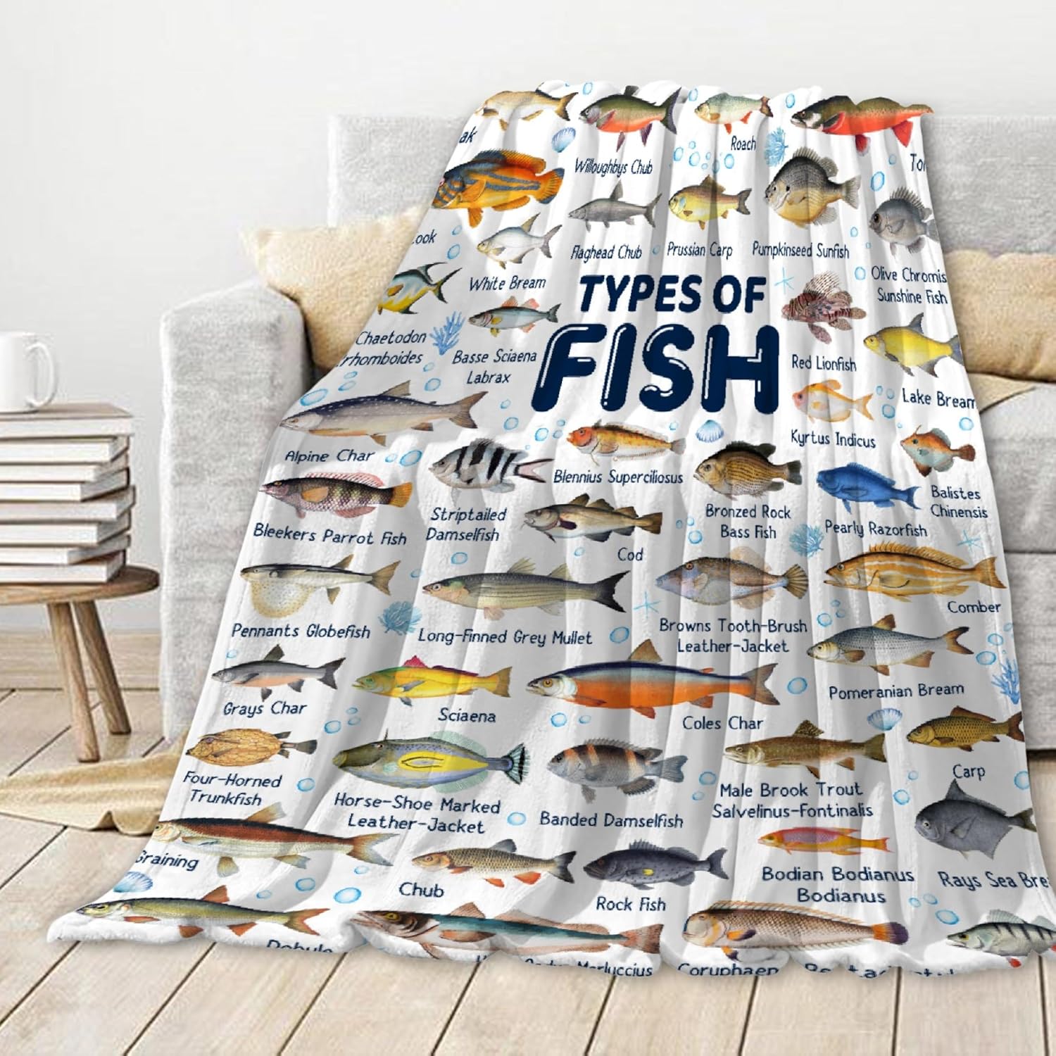 Fish Throw Blanket, Types of Fish Gifts, Ultra Soft Lightweight Flannel Blanket, Warm Fuzzy Cozy Plush for Couch Sofa Bed Living Room, Teens Size-50"x60"