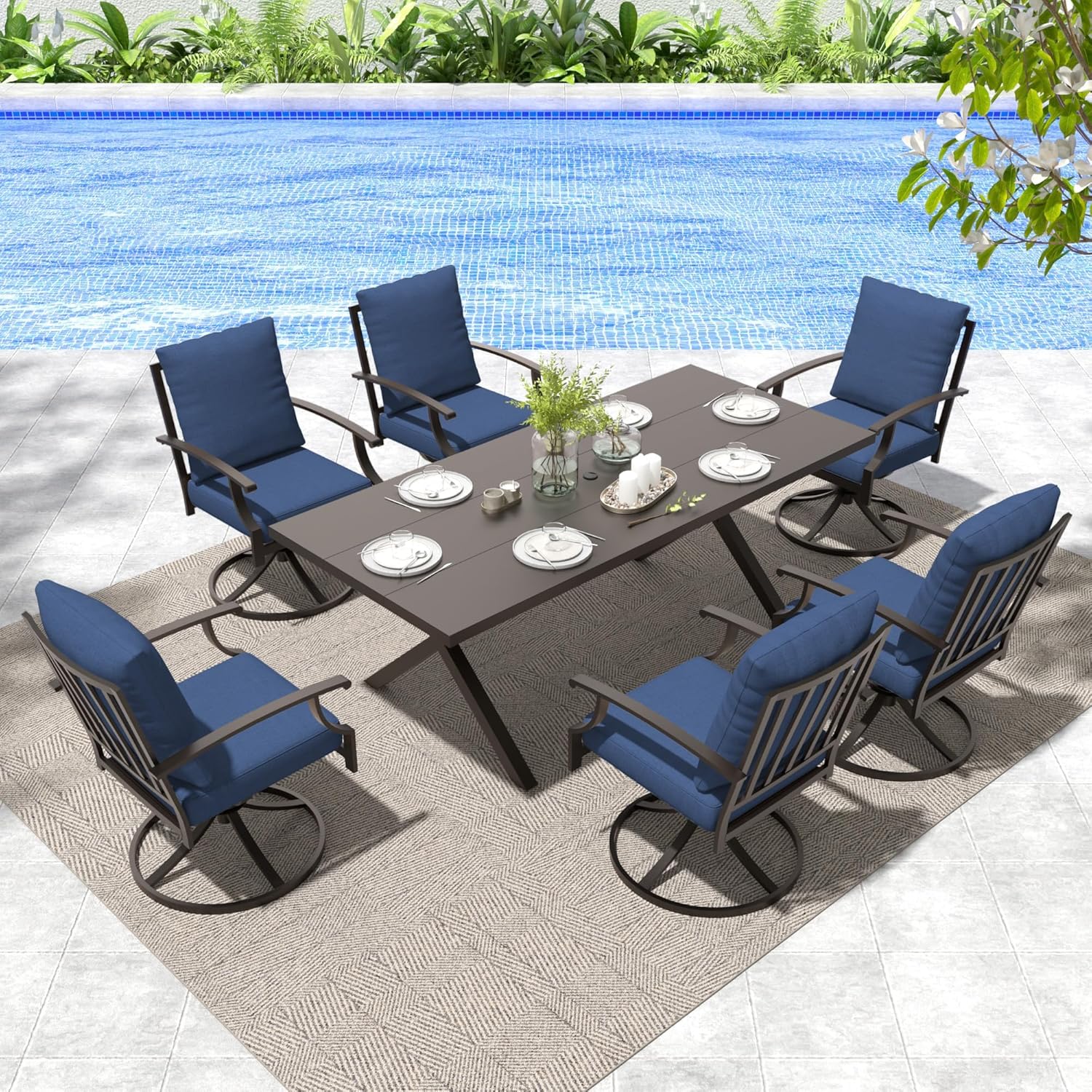 Gotland 7 Piece Outdoor Dining Set, Metal Outdoor Table and Swivel Chairs with X-Shaped Legs 1.5" Umbrella Hole, Patio Furniture Set with Waterproof Cushions, Patio Dining Sets for Backyard Deck Navy