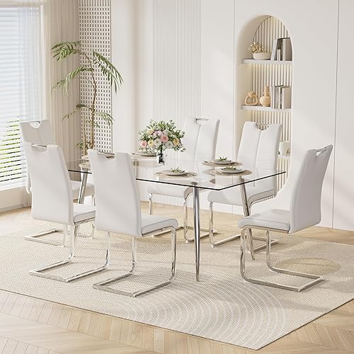 Miniatura 14 de Juego de mesa de comedor moderno de 51" de 7 piezas para 6, mesa rectangular de cristal con 6 sillas tapizadas en cuero, capacidad para 6 personas,