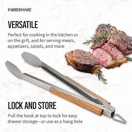Miniatura 4 de Farberware Pinza con mango de madera de acacia para barbacoa, 17 pulgadas, acero inoxidable