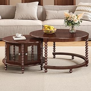 Vintage Round Nesting Coffee Table, Six Bamboo-Shaped Decorative Glass D...