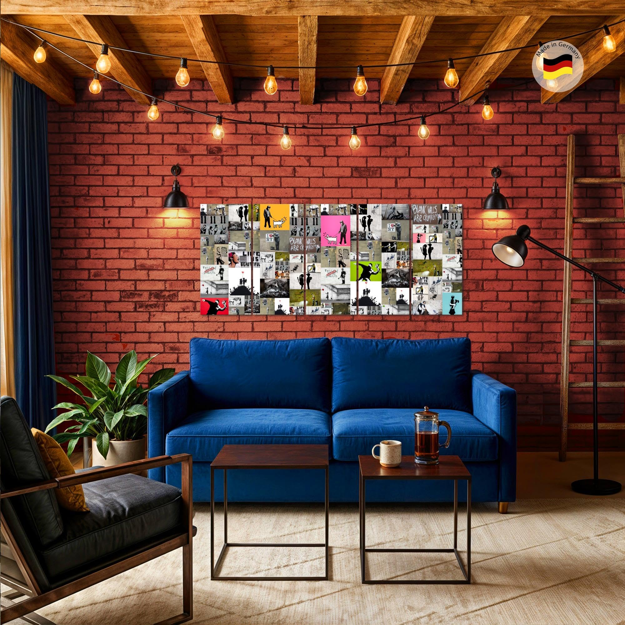 Runa Art Wandbild XXL Collage Banksy Loft Wohnzimmer 200 x 80 cm Bunt 5 Teilig - Made in Germany - 302755a
