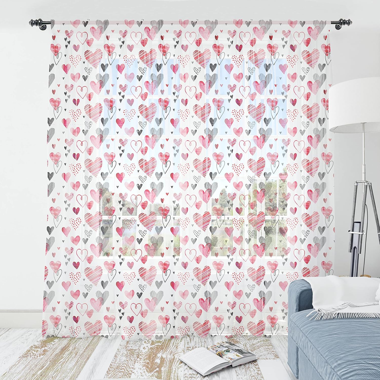 Lunarable Love Tulle Curtains with Rod Pocket, Love Valentines Day Inspirations Illustrations with Doodle Heart Pattern, Sheer Drape for Wedding Party 2 Panels, 108" x 90", Black Pink Vermilion