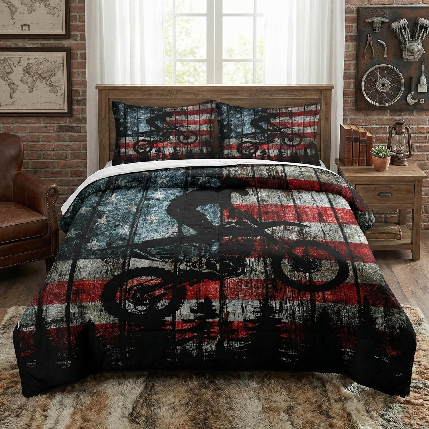 Twin Size Comforter Set with Pillowcase, American Flag Wood Vintage Motocross 2 Pcs Bedding for Kids and Adults, America Motorcycle Soft Comforter Set for Bedroom Bed Decor