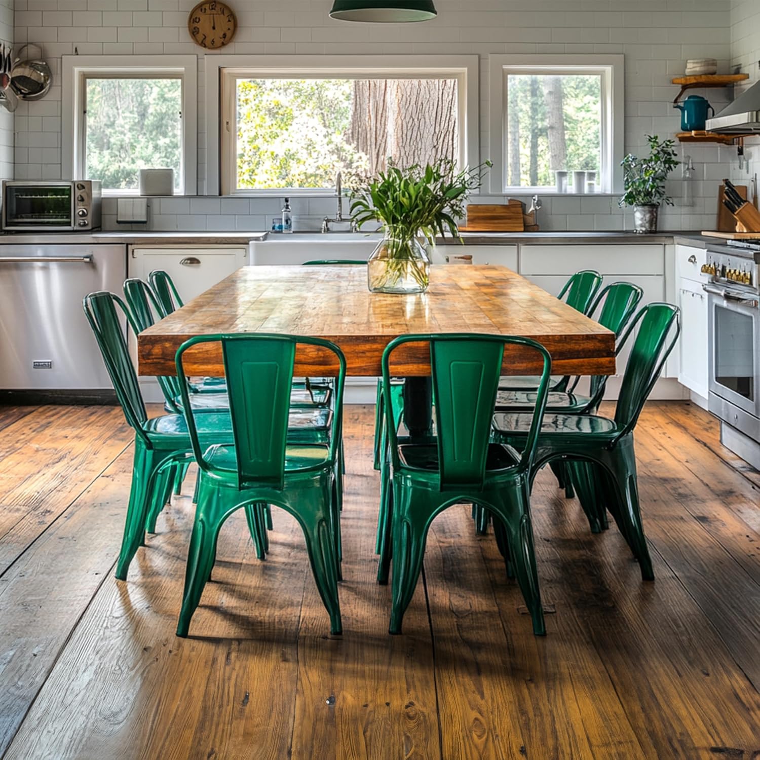 AC Pacific 18 Inch Seat Height Industrial Metal Dining Chairs, Stackable Kitchen or Bar Seat, Durable Modern Design, Versatile Accent Furniture, Set of 4, Green