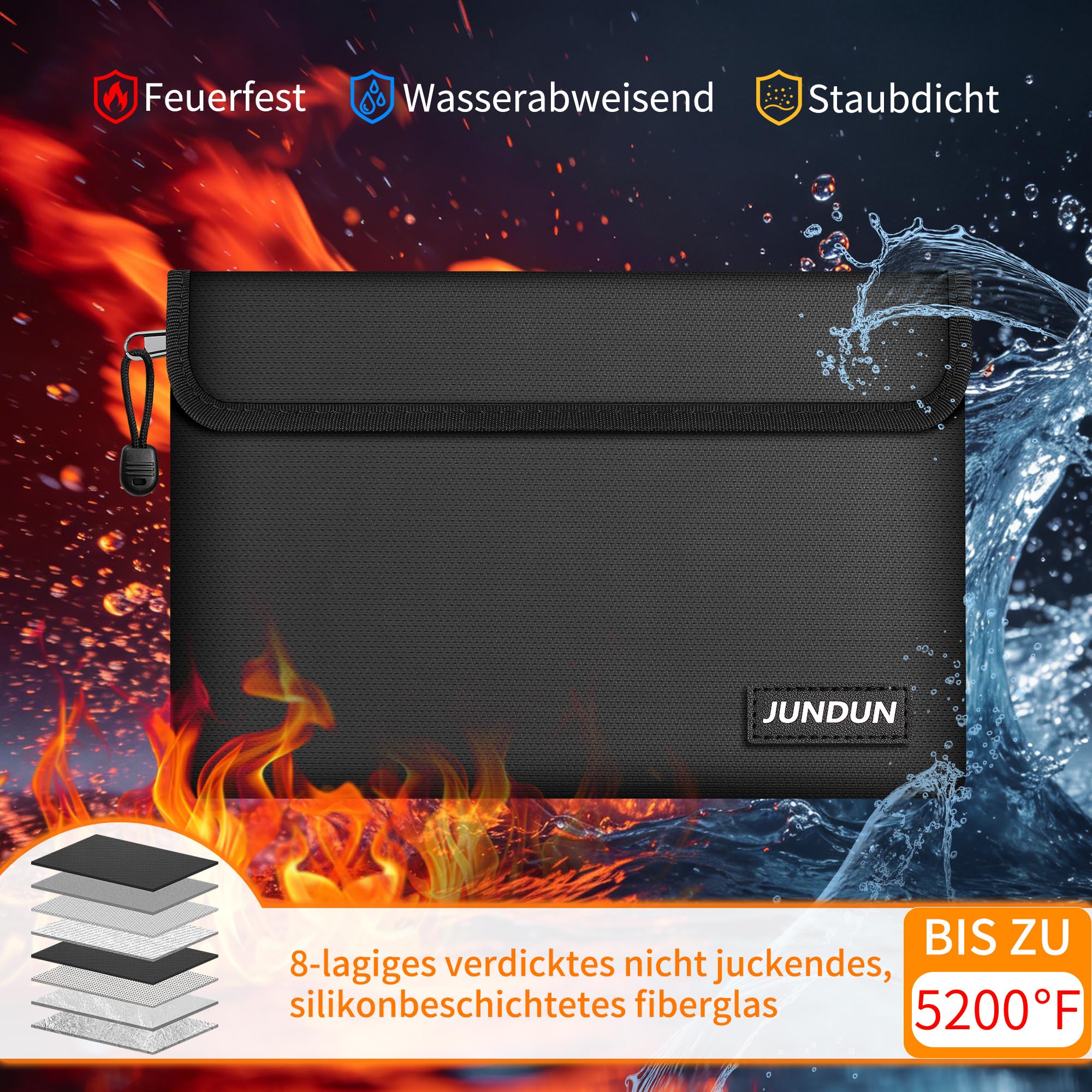JUNDUN Ognioodporna torba na dokumenty 27x17 cm 5200°F 8-warstwowa wodoszczelna