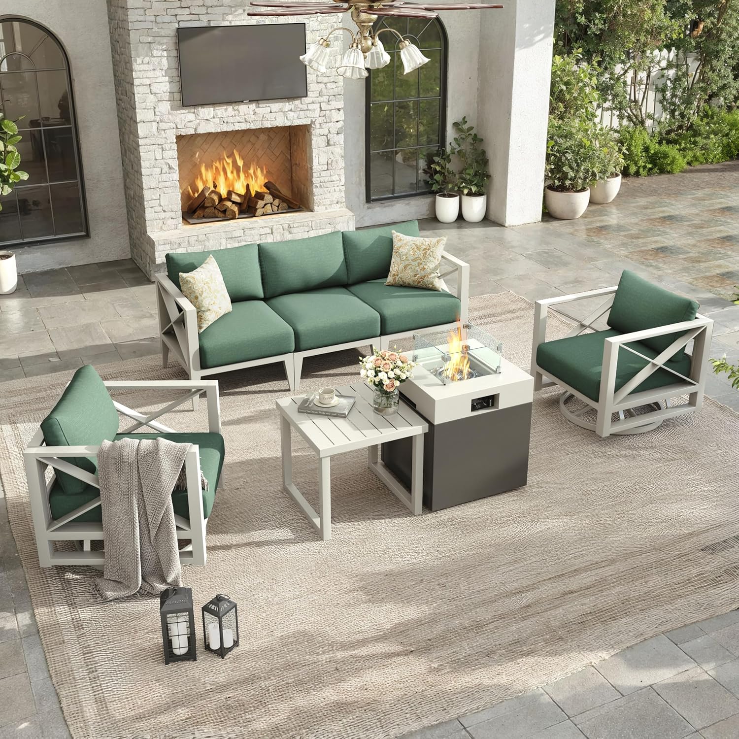 Aluminum Outdoor Patio Furniture Set with Fire Pit, 7-Piece Outdoor Sectional with 5.2" Thick Cushions, Swivel Chairs Patio Conversation Sets for Backyard,(White,5 Seats)