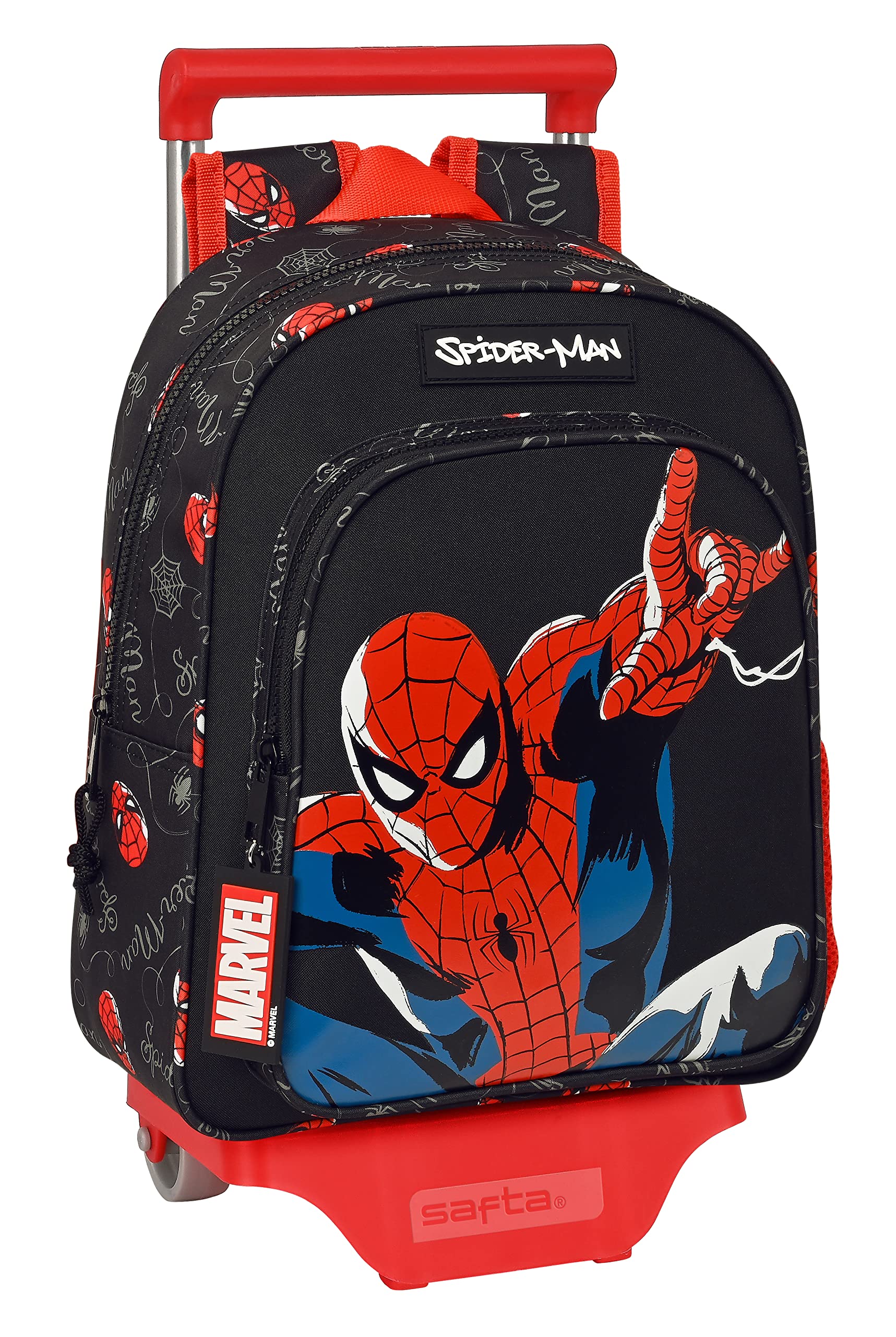 Safta SPIDERMAN Hero - Mochila Modelo 524 con Carro Modelo 705, con Bolsillo 3D, Ideal para Niños de Diferentes Edades, Cómoda y Versátil, Calidad y Resistencia, 27x10x33 cm, Color Negro