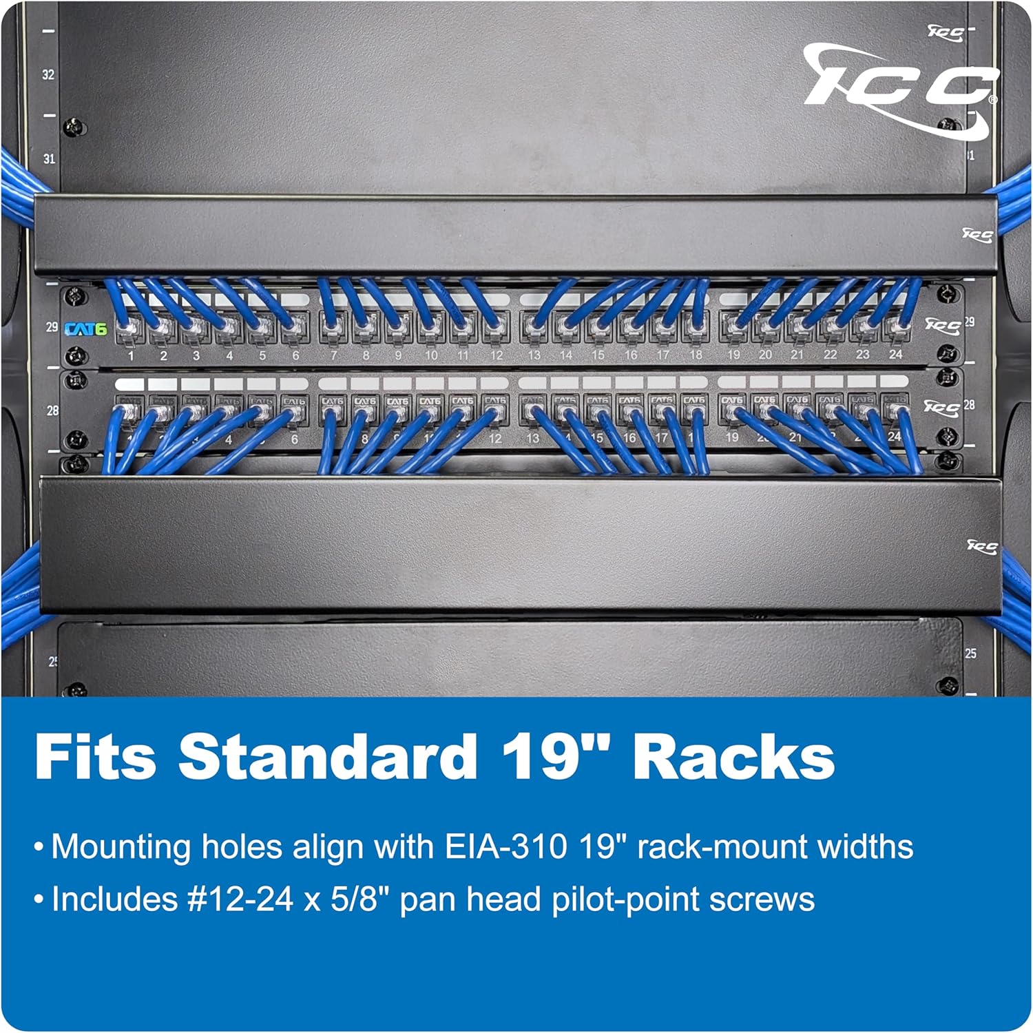 ICC 1U Ring Cable Manager Panel with Cover, Metal, 3" Cable Distribution D Rings, Horizontal Cable Management, Rackmount for 19” Network Racks, Black, Single Pack
