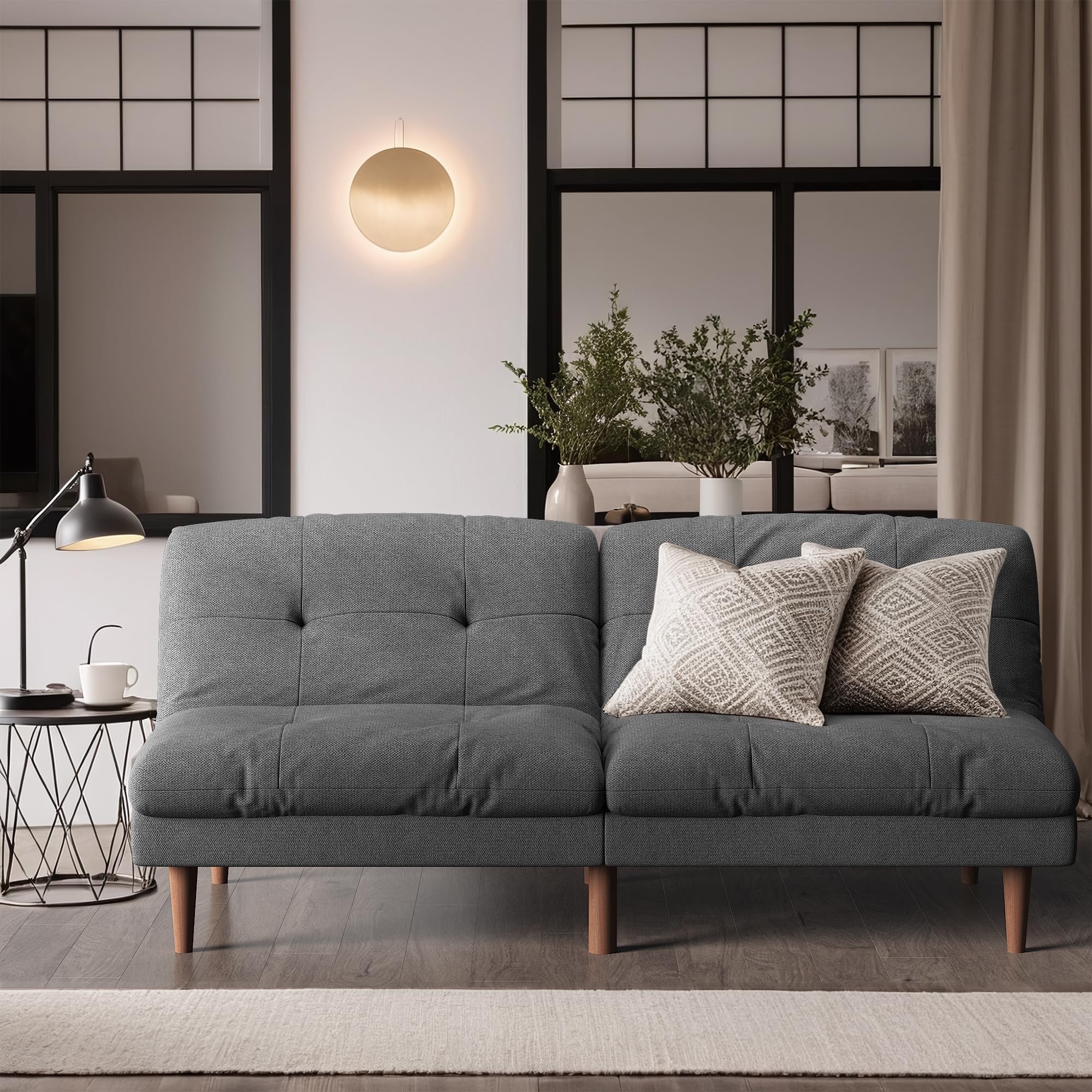 Furmax 67'' Futon Sofa Bed, Modern Linen Couch with Adjustable Backrest | Upholstered Convertible Folding Futon, Reclining Sleeper Sofa Couch for Small Spaces, Apartment & Office | Grey