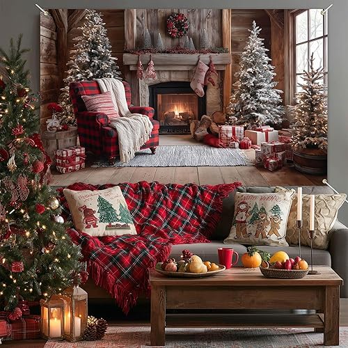 Miniatura 4 de Telón de fondo de Navidad de 71 x 43 pulgadas, para chimenea, sala de estar, con medias de árbol y regalos para decoración de fiestas de invierno en