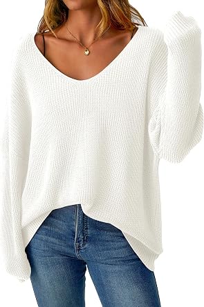 GKBK Womens Oversized Sweaters V Neck Off The Shoulder Sweater Long Sleeve Pullover Loose Fit Spring Clothes Fashion Outfits