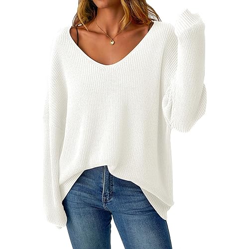 Women's V Neck Oversized Sweaters Off The Shoulder Long Sleeve Pullover Sweater Loose Fit Fall Outfits 2025 Trendy