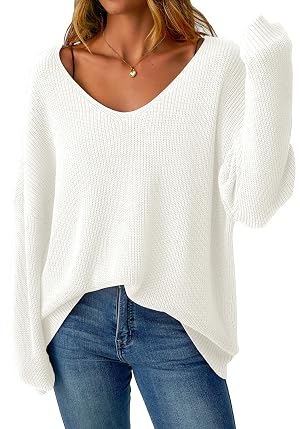 Womens V Neck Oversized Sweaters Off The Shoulder Long Sleeve Pullover Sweater Loose Fit Fall Outfits 2025 Trendy