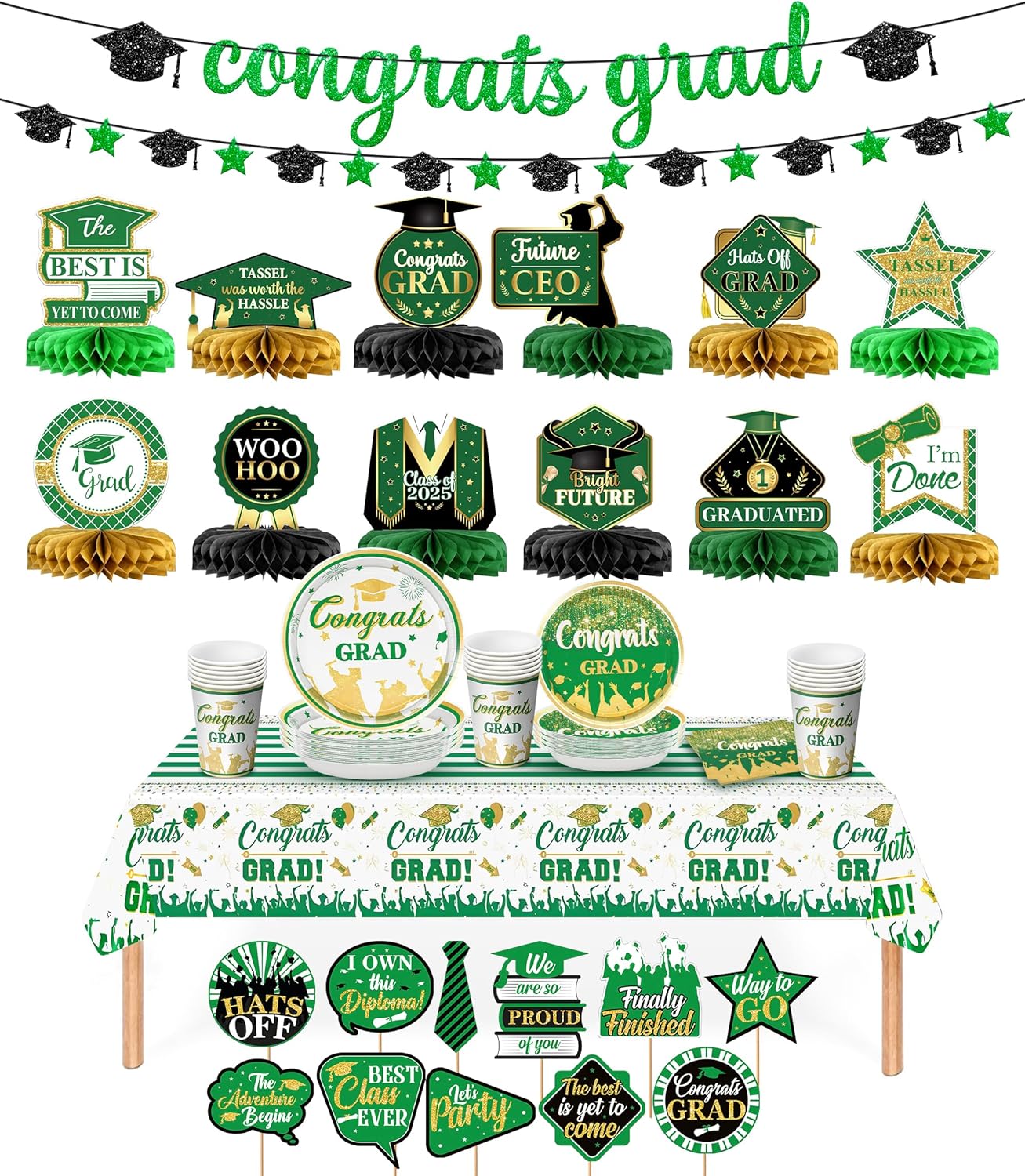 KatchOn, Graduation Decorations Class of 2025 Green - Pack of 180, Serve 25 | Glitter Congrats Grad Banner, 2025 Graduation Party Decorations | Graduation Photo Props, College Graduation Decorations