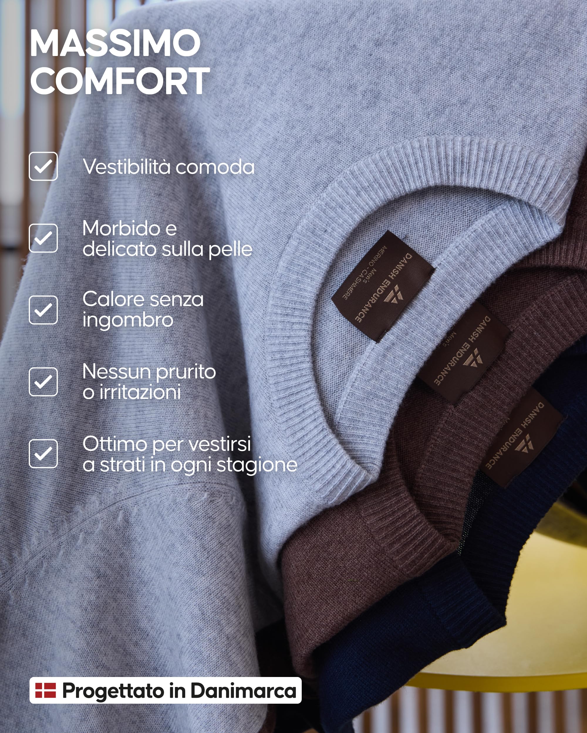 DANISH ENDURANCE Maglioncino Uomo Maniche Lunghe, Morbido Misto Cashmere, Maglione Girocollo Lana Merino e Cashmere, Comodo e Traspirante