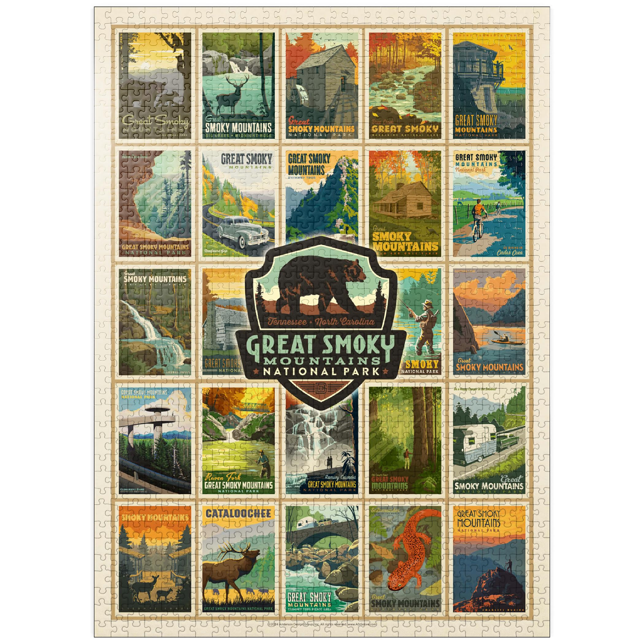 MyPuzzle Great Smoky Mountains National Park: Multi-Image-Print, Vintage Poster - Premium 1000 Piece Jigsaw Puzzle for Adults
