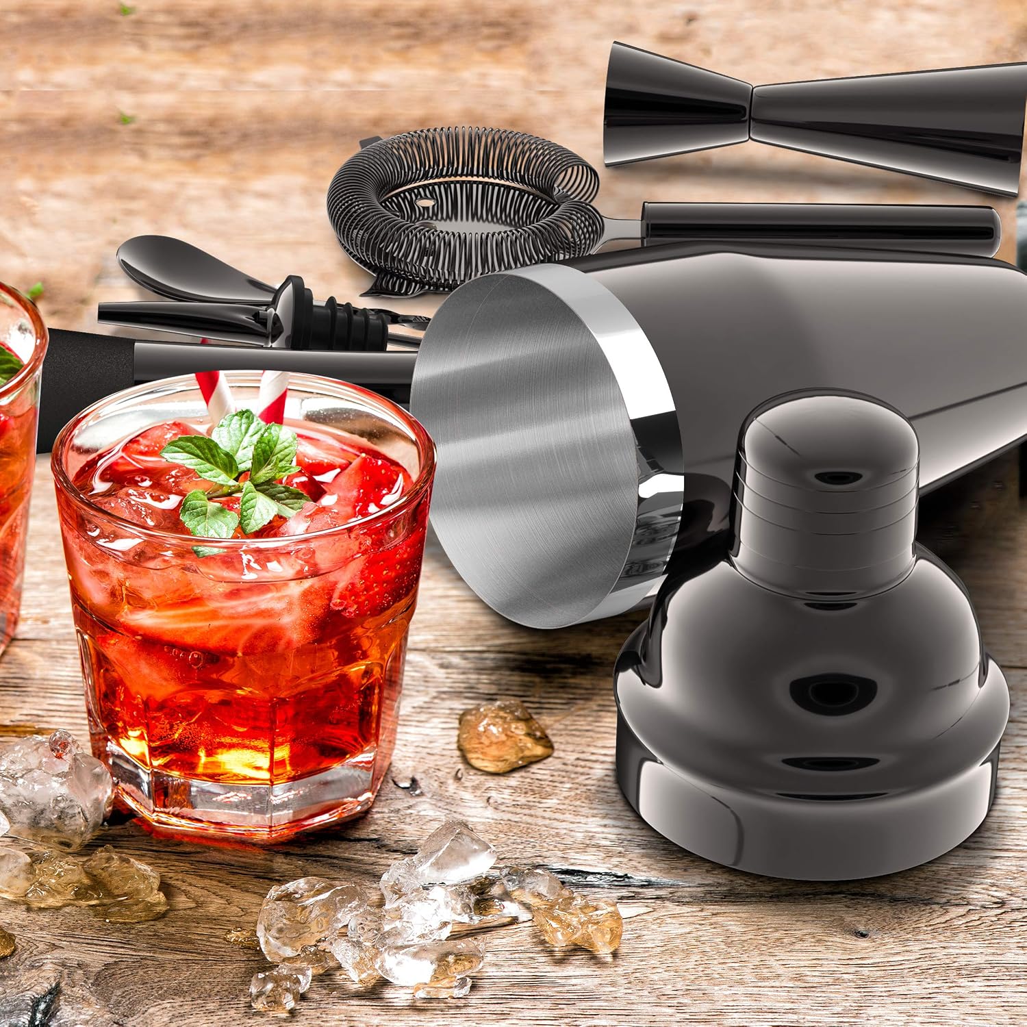 All-inclusive Bar Set | Professional Home Bartender Cocktail Shaker Set | Includes a Recipe Book & All Necessary Bar Tools and Accessories | Impressive Gift for Men! (Gunmetal Black)
