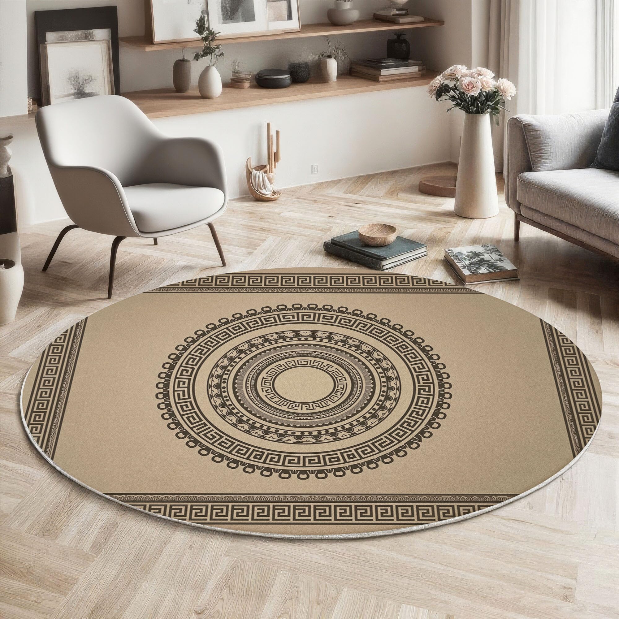 Tapis rond 60cm brun foncé style grec rétro en méandre pour salon et chambre