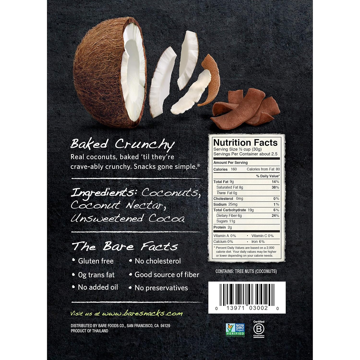 bare Baked Crunchy Coconut Chips, Chocolate, 2.8oz Shareable Bag