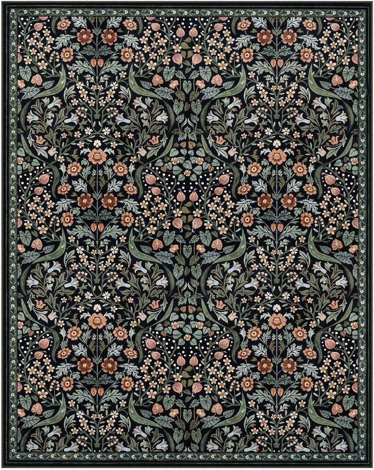moynesa floral washable rugs, 8x10 area rug for living room, soft large boho bedroom rug, botanical non slip ultra thin floor carpet for dining room nursery office, black 8' x 10' (rectangular) black