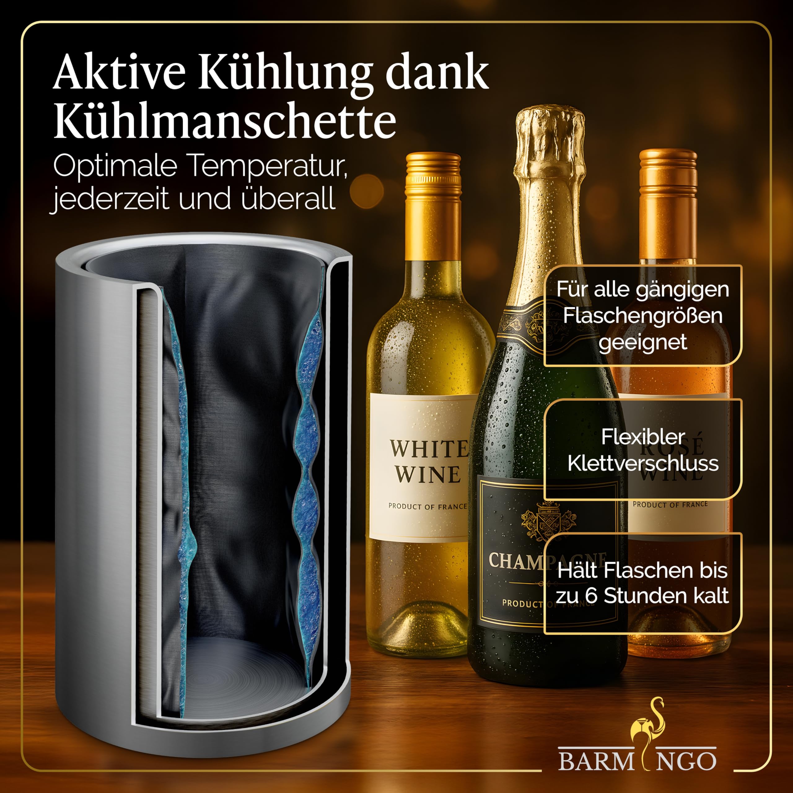 Weinkühler Edelstahl mit Kühlakkus – Getränkekühler & Flaschenkühler für Wein, Sekt, Champagner | Sektkühler doppelwandig mit Kühlmanschetten | Wine Cooler/Wein Kühler, Silber