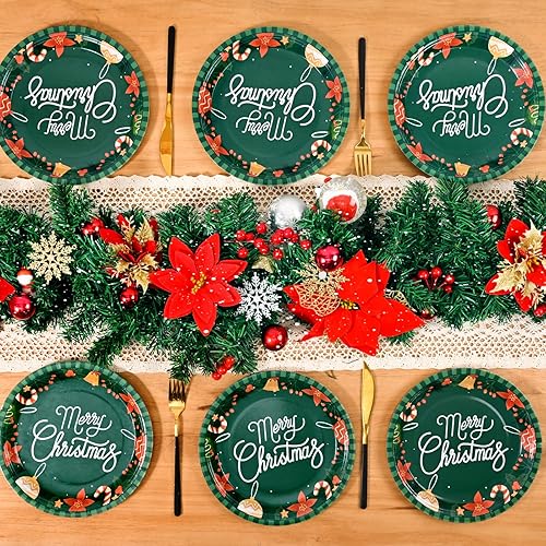 Miniatura 5 de Homlouue 200 platos y servilletas de papel de Navidad, juego de vajilla desechable de Feliz Navidad, suministros de fiesta de Navidad, suministros