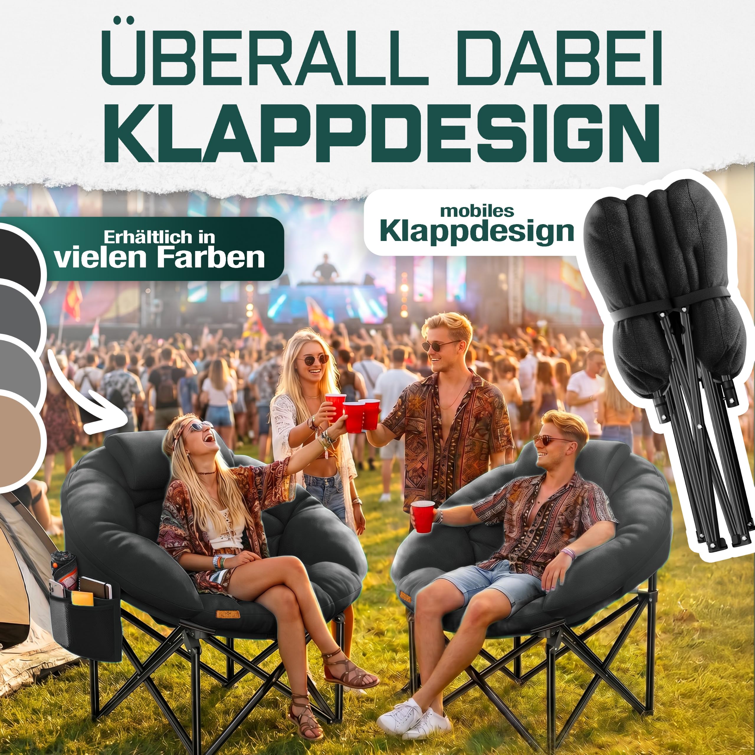 KESSER® Campingstuhl Chillexer faltbar 150 Kg Klappstuhl Ultraleicht und breit, Dickes Polster mit bequemen Kissen und Seitentasche, Cover, Outdoor + Indoor - rund, Camping, Angeln, Festival, Strand