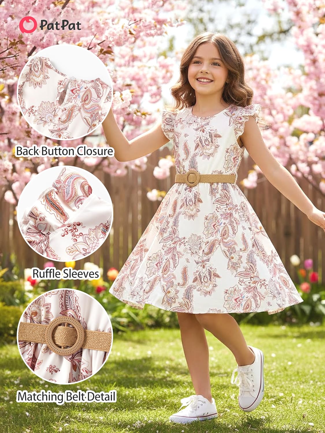 PATPAT Little Big Girls Dress Vintage Boho Floral Ruffle Short Sleeve Casual Swing Dress with Braided Belt - Image 14