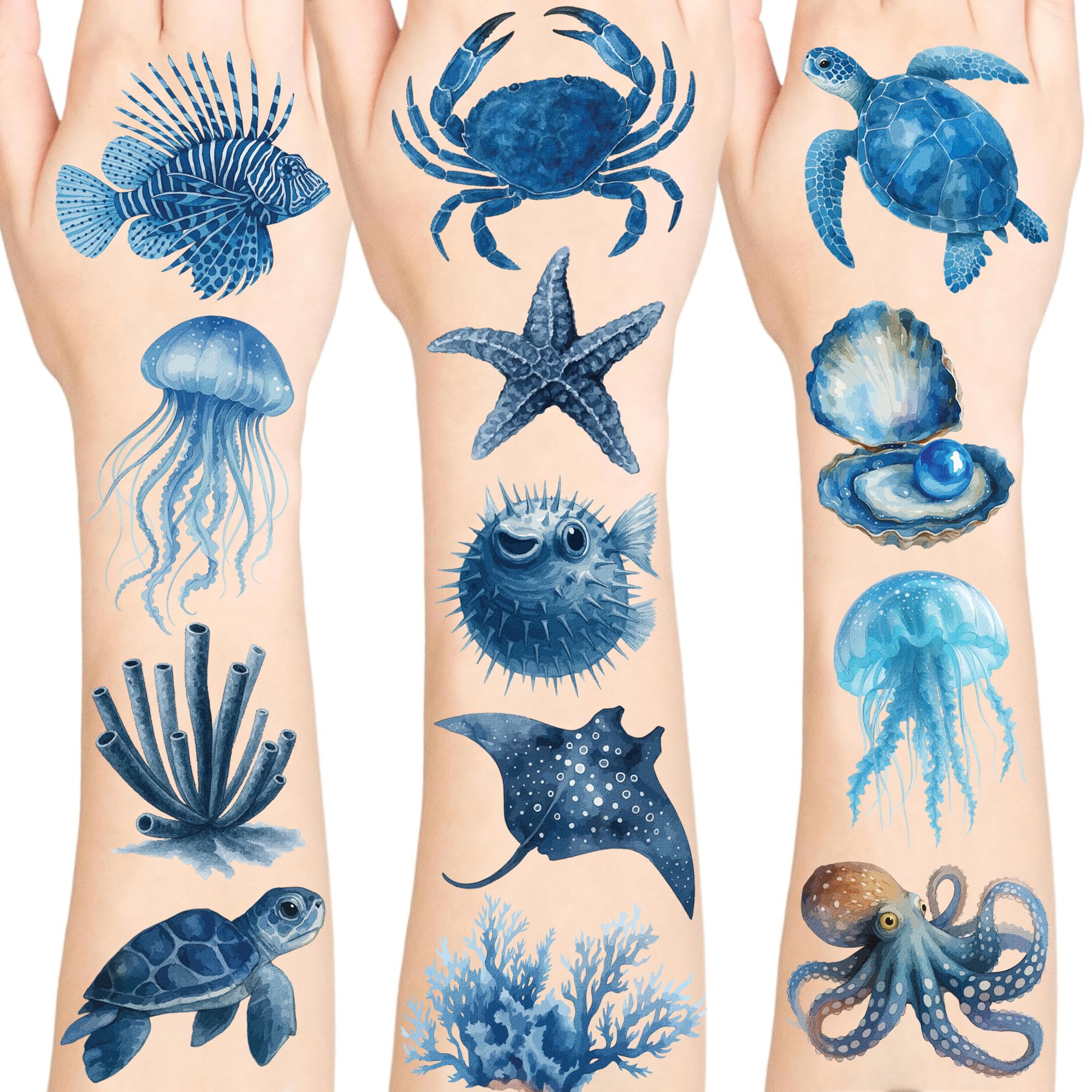 Under The Sea Tattoos | Underwater Ocean Creature Temporary Tattoo | Sea Themed Birthday Party Favors, Supplies, Decorations, Fake Tattoo Stickers,