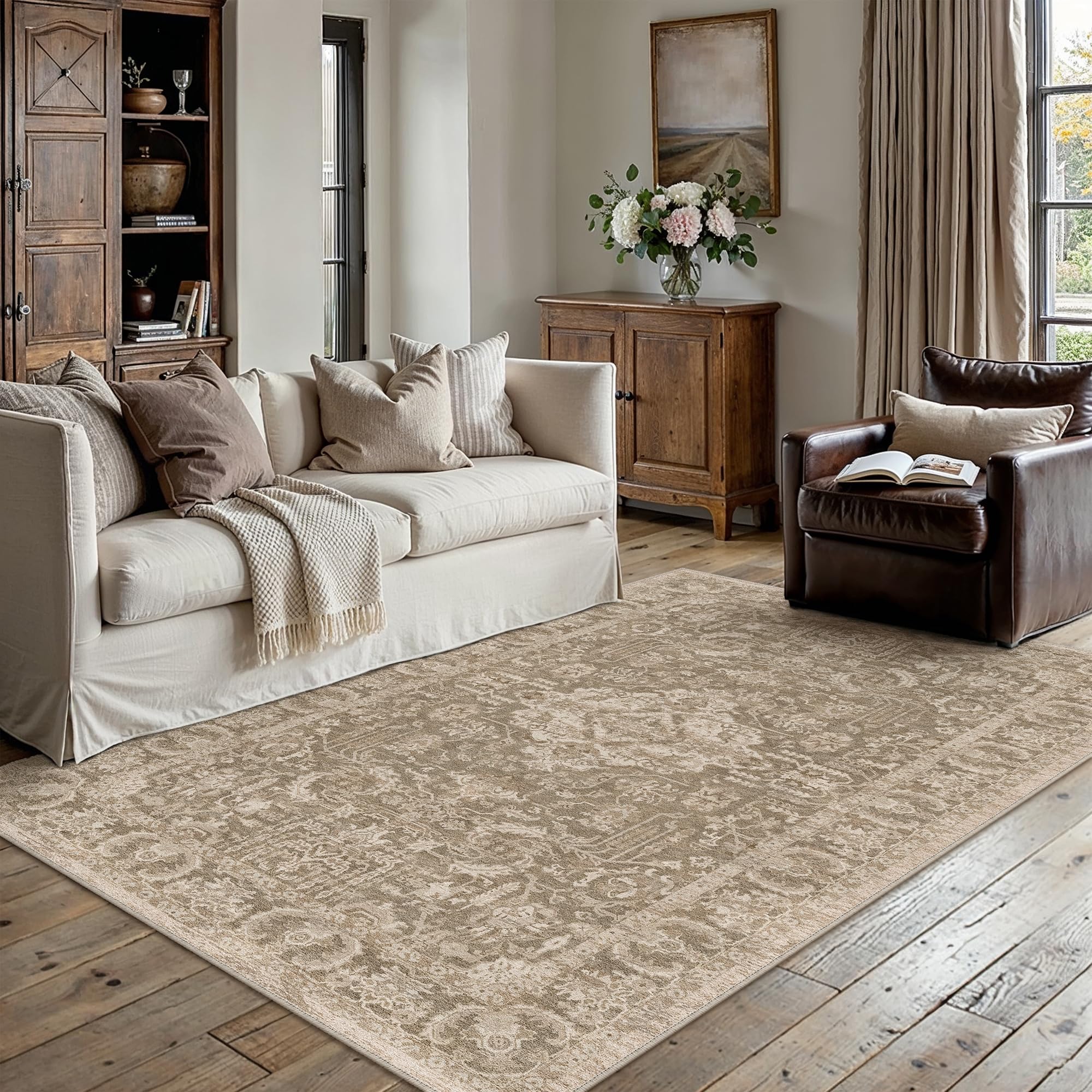 PureCozy Vintage Teppich Wohnzimmer Schlafzimmer Waschbarer | Waschbarer Teppich Wohnzimmer, Rutschfest, Geeignet Für Schlafzimmer, Esszimmer,Büro