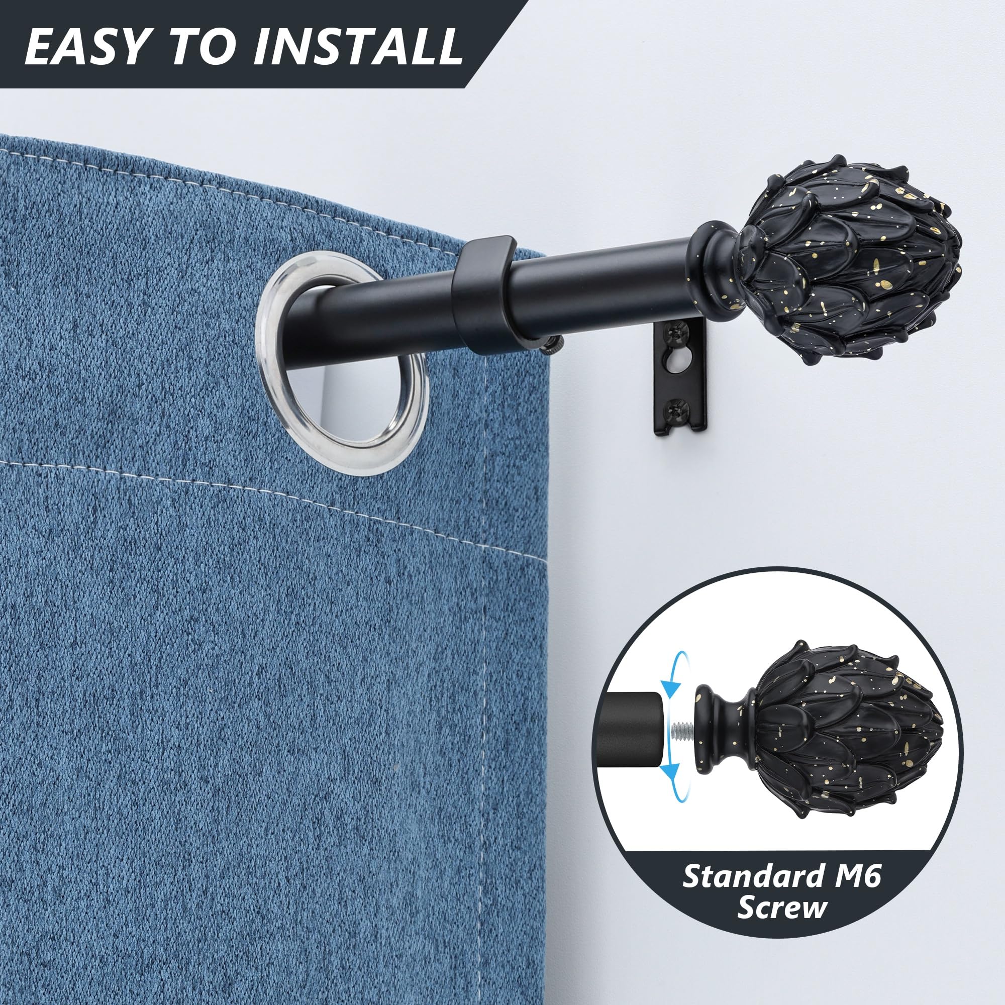 Curtain Rods for Windows 66 to 120 Inches 1 Inch Diameter Adjustable Drapery Rods Decorative Single Window Curtain Rods with Classic Finials,Black