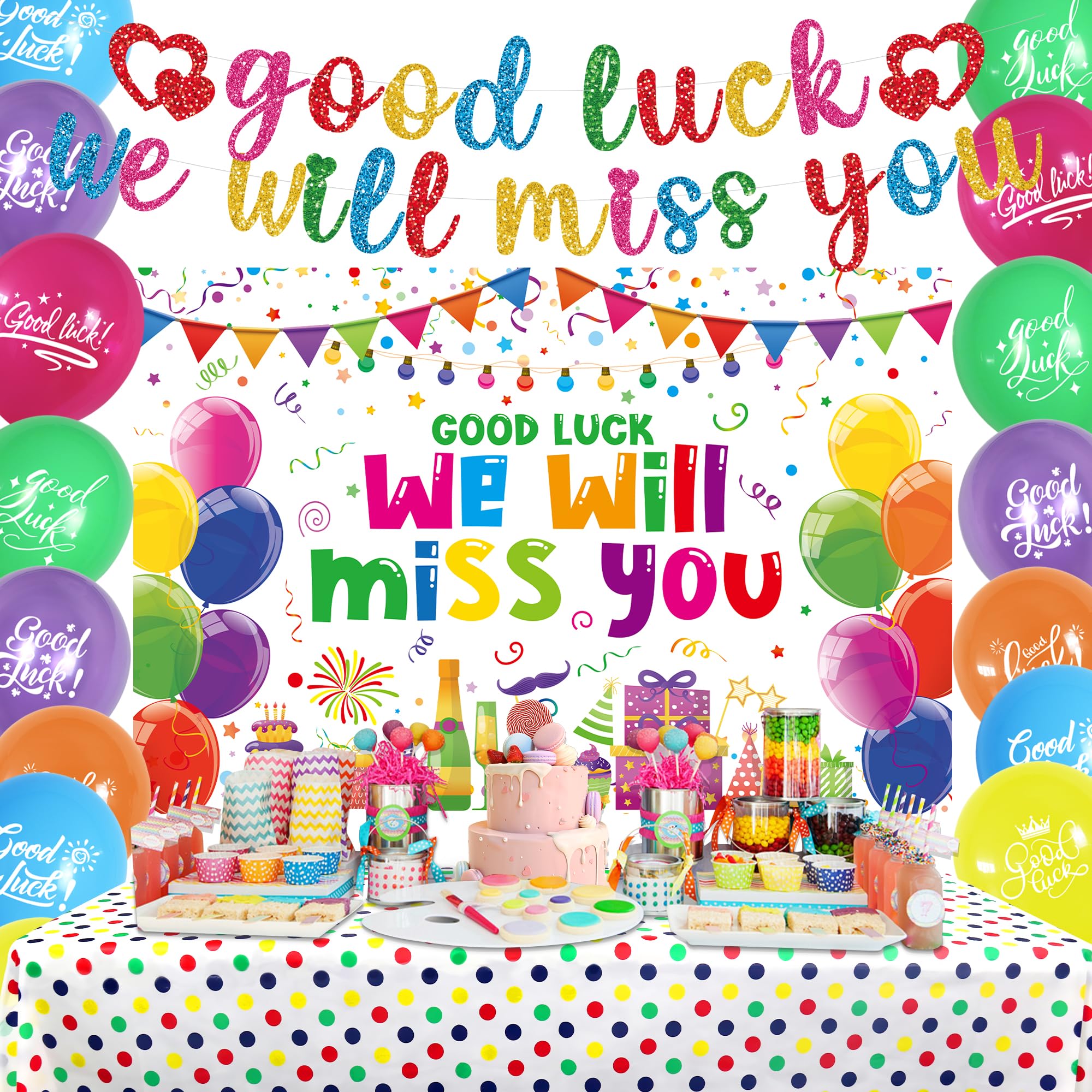 We Will Miss You Banner Decorations Multicolor Good Luck We Will Miss You Backdrop Banner Good Luck Balloons Colorful Tablecover for Retirement Farewell Graduation Leaving Going Away Party Supplies