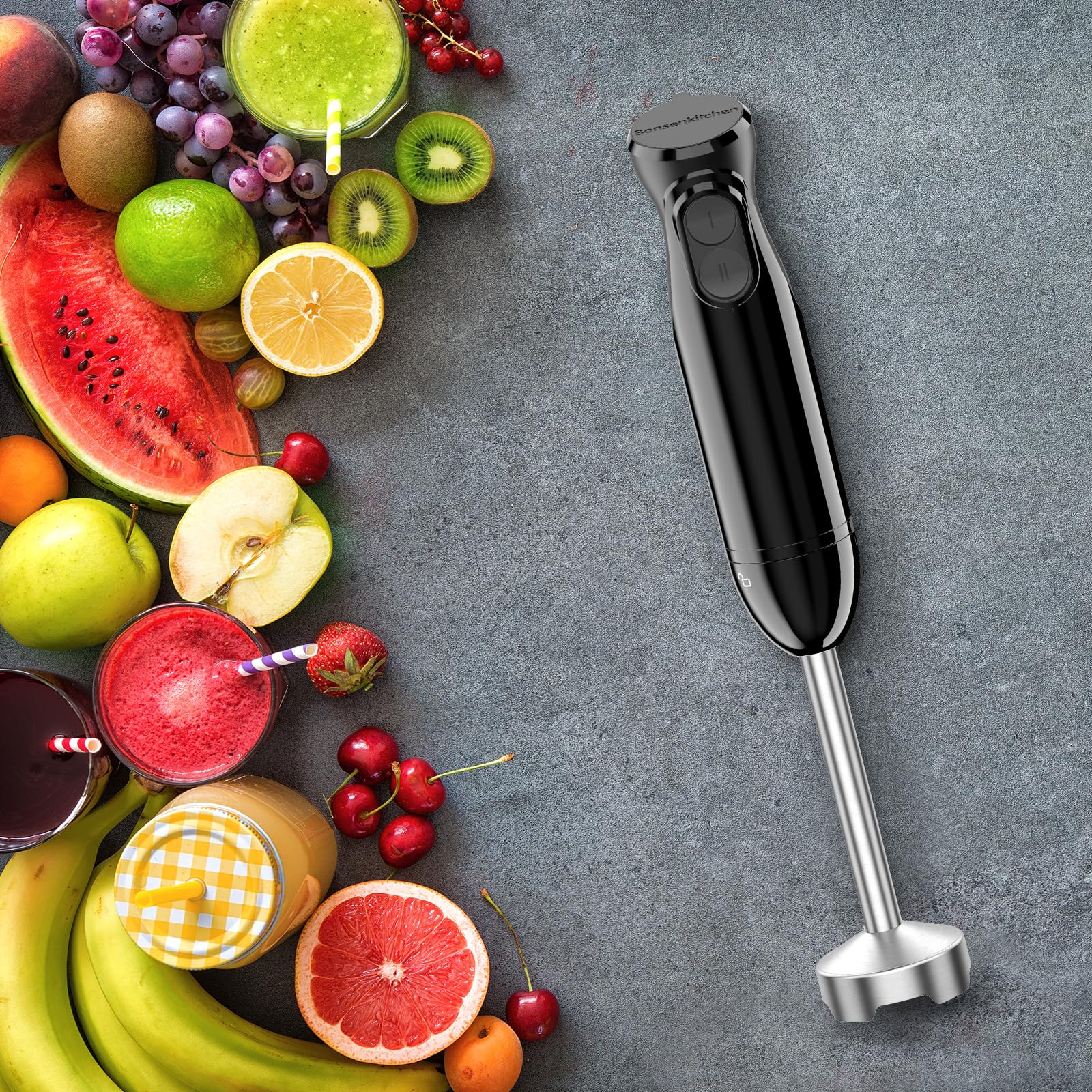 Bonsenkitchen Frullatore a Immersione, 1000W Mixer Immersione con Bicchiere Graduato 700ml, 2 Velocità, Lame in Acciaio Inox, per Frullati, Zuppe, Pappe, Salse, Milkshake, Nero