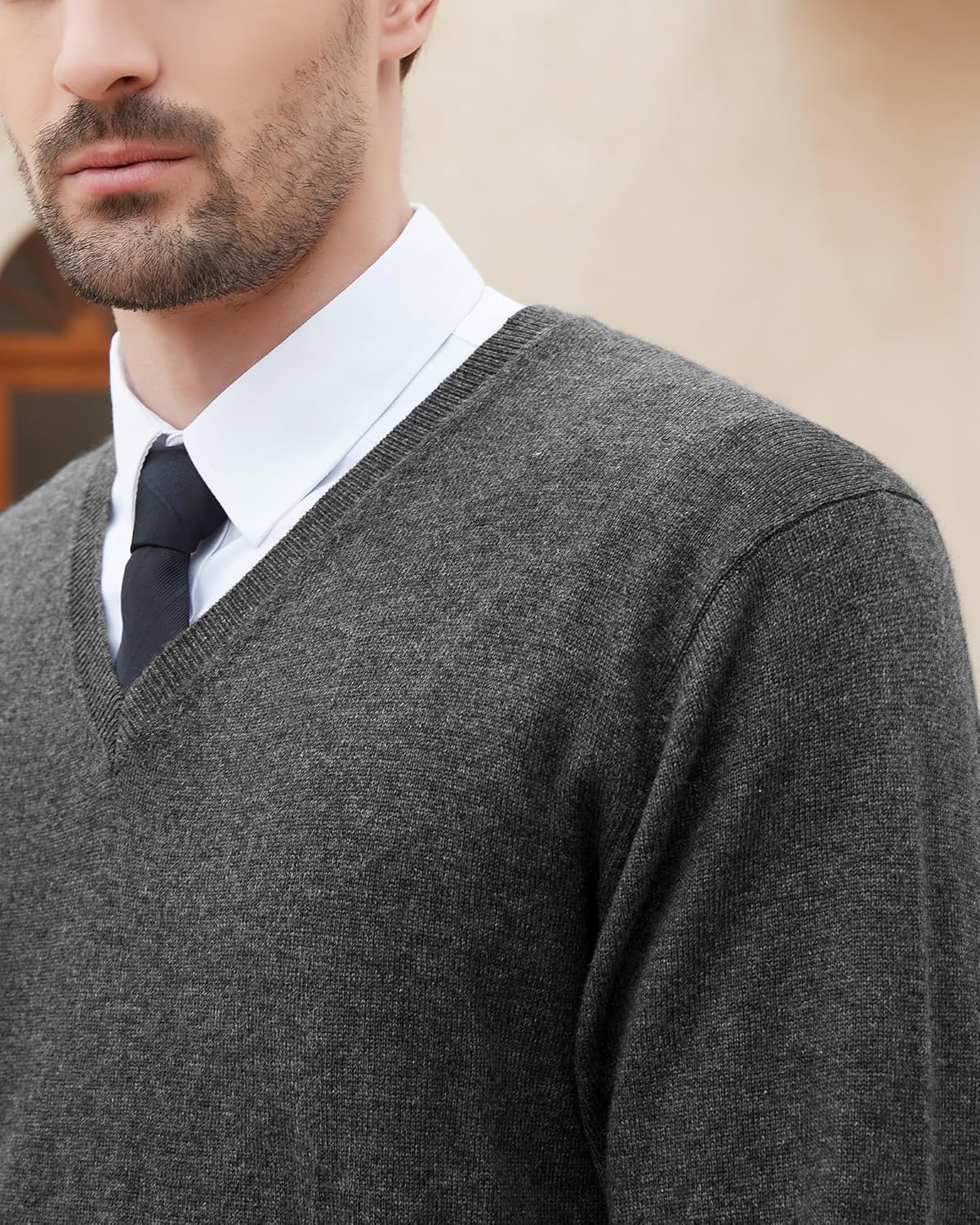 Kallspin Men's Wool Blend V-Neck Sweater Relax Fit Knit Pullover for Fall Winter - Image 3