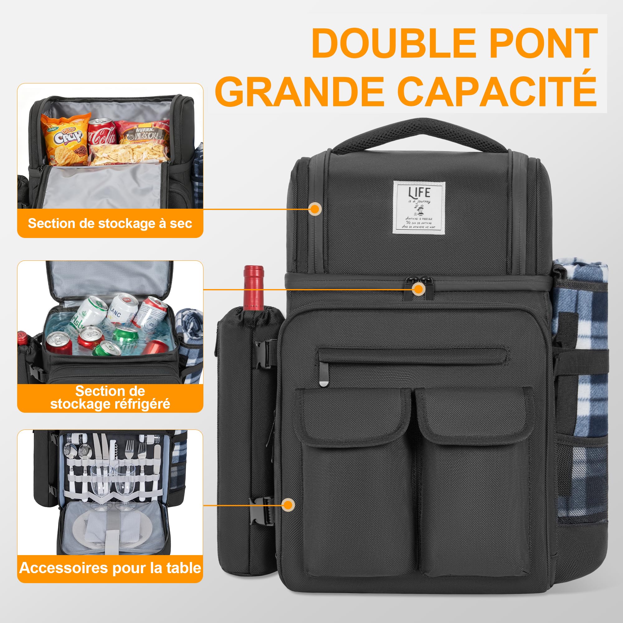 OUUTMEE 30L Sac à Dos de Pique-Nique pour 2 Personnes avec 2 Compartiments Réfrigérants Isolés et Étanches, Sac de Pique-Nique avec Vaisselle et Couverture, pour Plage, Camping, Randonnée (Noir)