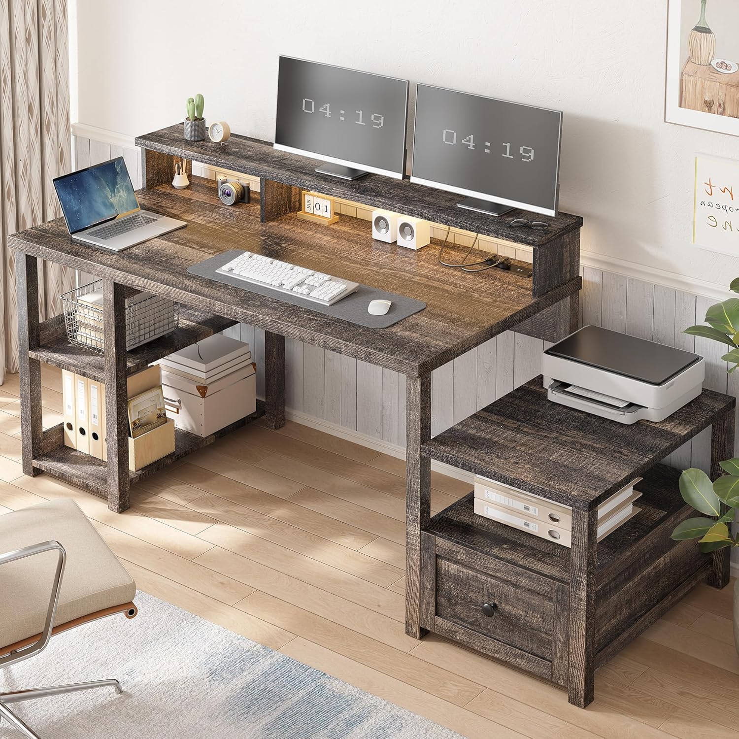 EnHomee 60.4" Computer Desk with Drawer, Office Desk with Monitor Stand, Farmhouse Study Desk with Power Outlet & LED Light, Writing Desk for Home and Study Room, Dark Rustic Oak