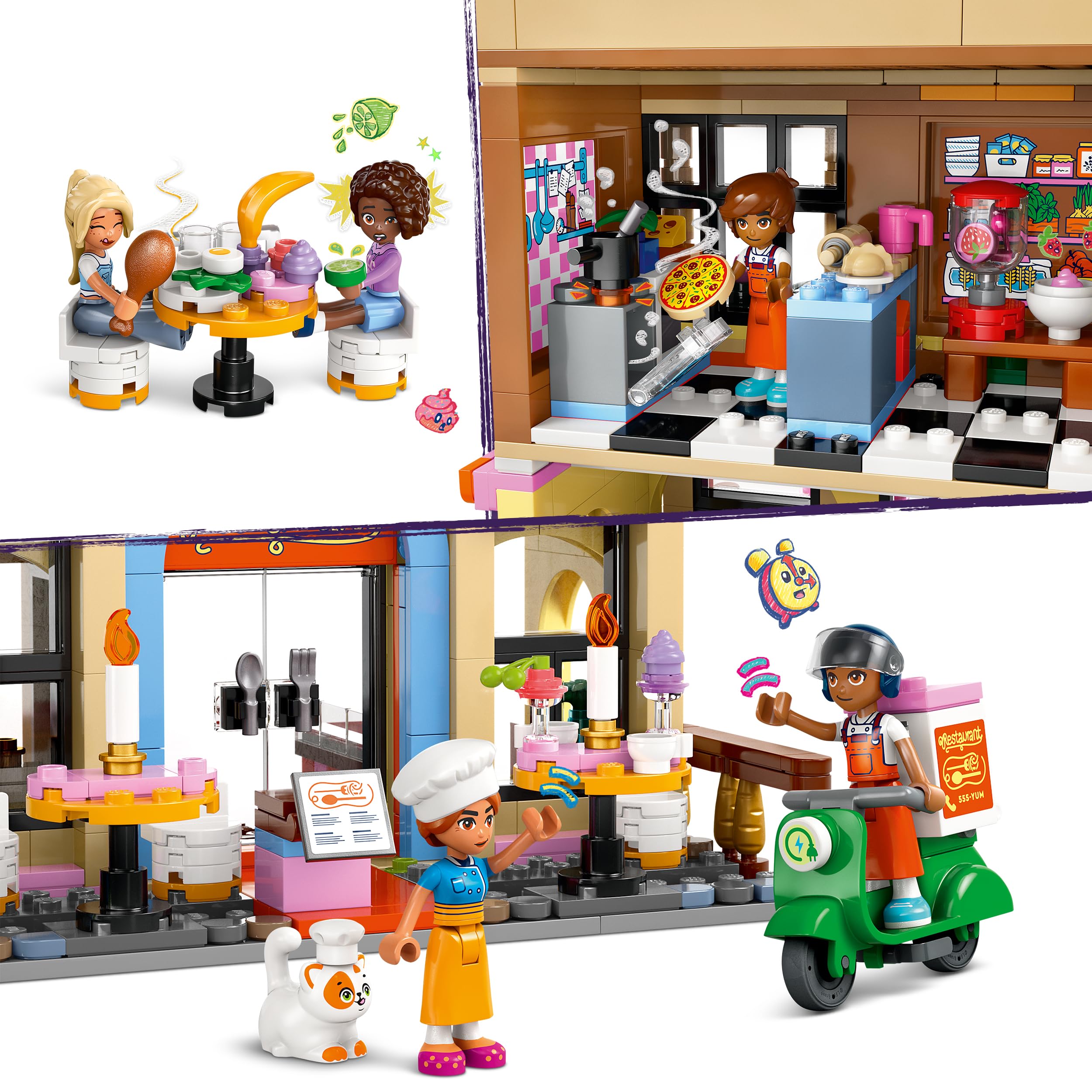 LEGO Friends Restauracja i Szkoła Gotowania, Kreatywna Zabawka dla Dziecka do Zbudowania, Minilaleczki, Zabawkowa Kuchnia i Figurka Kota, Prezent dla 8-latki, dla Dziewczynki i Chłopca, 42655