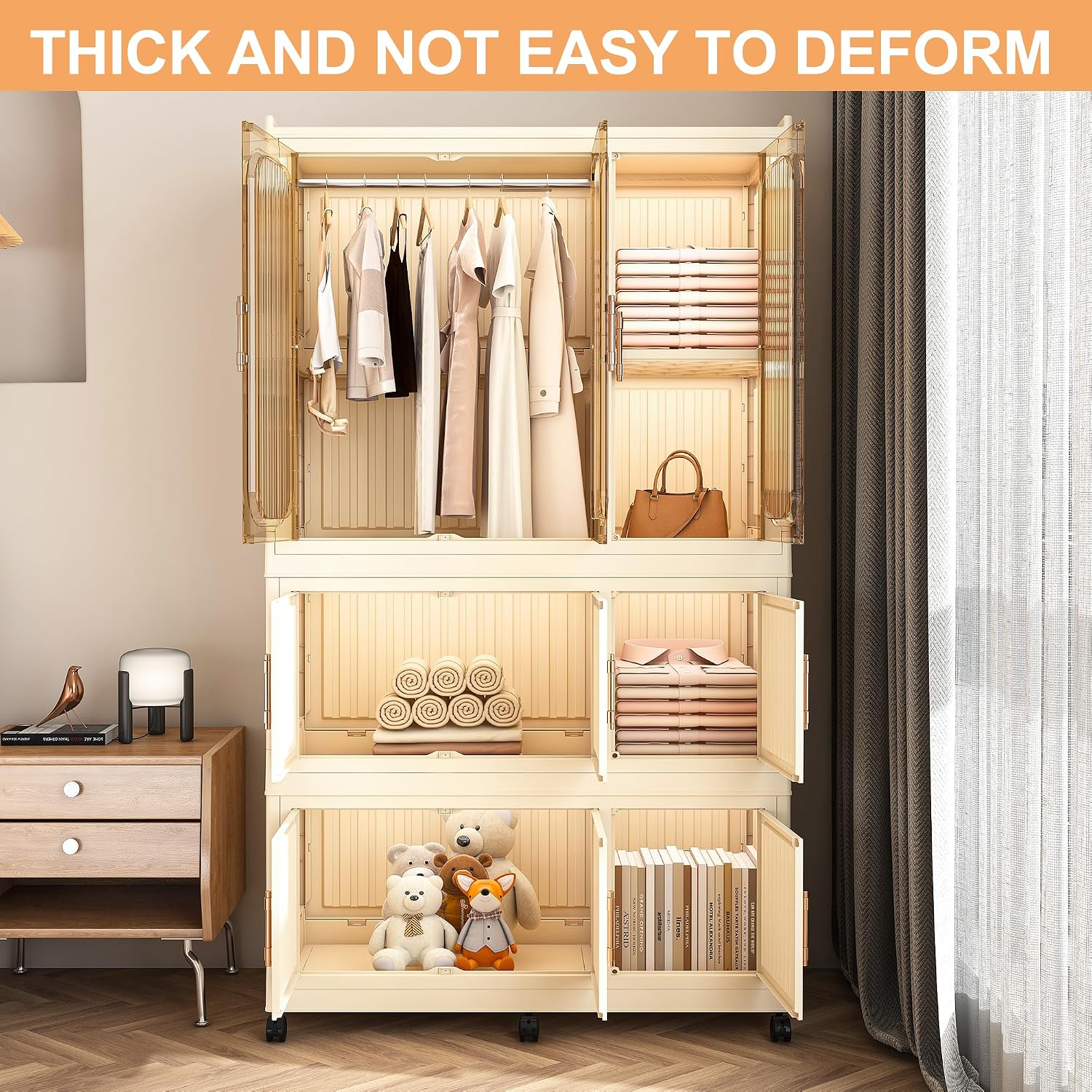 Leavader Portable Wardrobe Closet, Large Collapsible Plastic Wardrobe with Wheels, Foldable Clothes Storage Cabinet with 6 Shelves, 1 Hanging Rod and 6 pcs Hangers