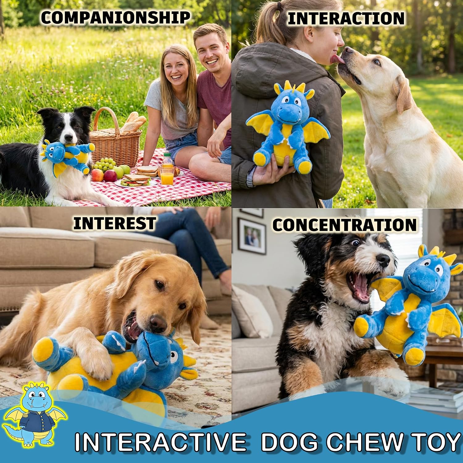 Squeaky Plush Dragon Dog Chew Toy - 8.3‘’X9‘’ Dog Toy for Small/Medium Dogs to Keep Pups Busy，Chewer Dog Toy with Crinkle Paper（Blue）