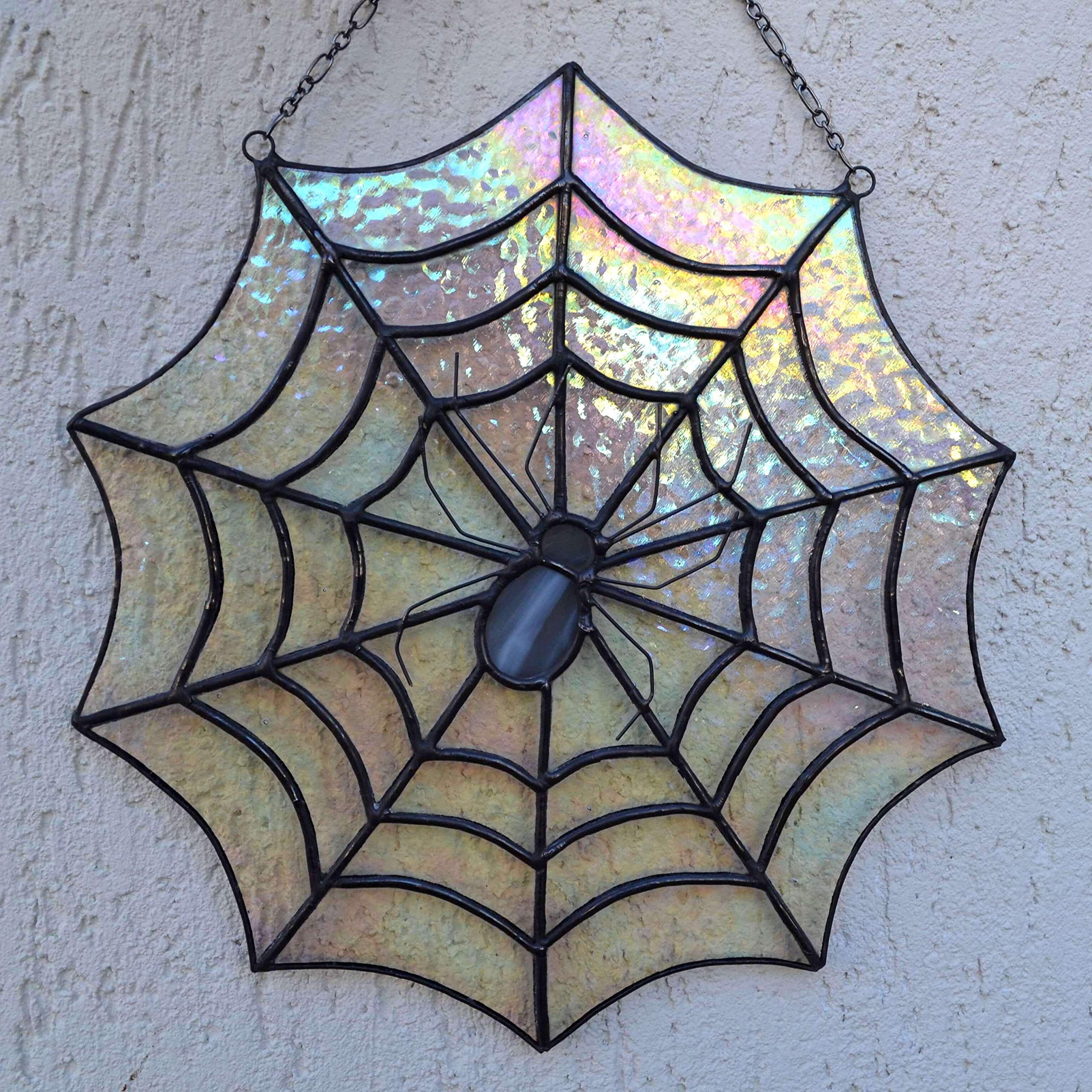 Stained Glass Spider Web Suncatcher, Spiderweb Art Panel for Window Hanging or Wall Decor, Spooky Halloween Sun Catcher, Gothic Theme Aesthetic Decoration Living Room Bedroom, Witchy Gift for Women